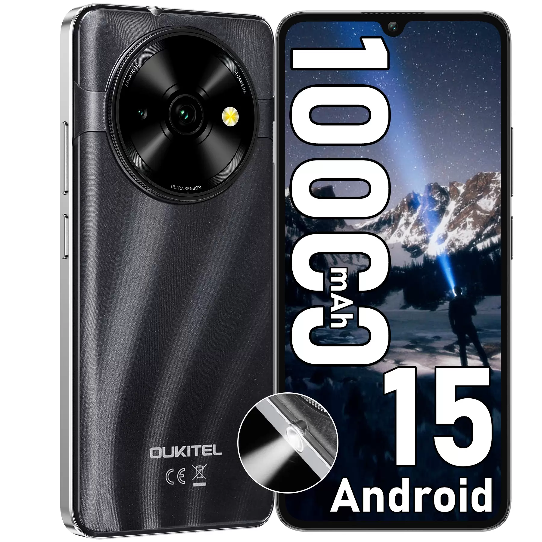 OUKITEL C59 Android 15 Cell Phone Unlocked 2025-10000mAh Battery, 6.88'' Display, 16GB +128GB/TF 1TB Smartphone, 120LM Flashlight, 13MP Camera, 4G Dual SIM Mobile Phones, GPS/OTG