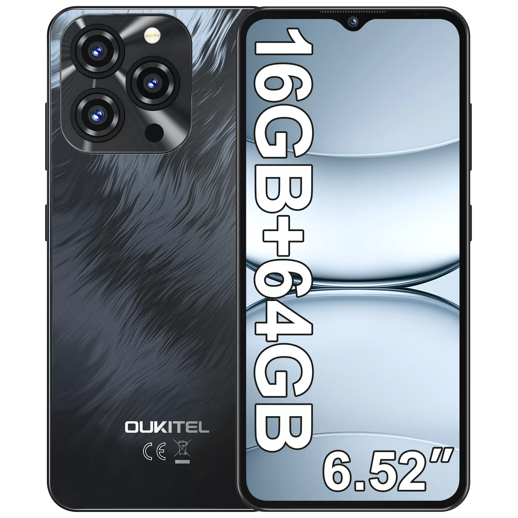 OUKITEL C3 Smartphone 16(4+12)GB RAM+64GB ROM/1TB, Android 16 Smartphone 5000mAh, 13MP+5MP Camera, 6.52" HD Display, Double SIM 4G Smartphone / OTG / GPS / 3.5mm / Type-C