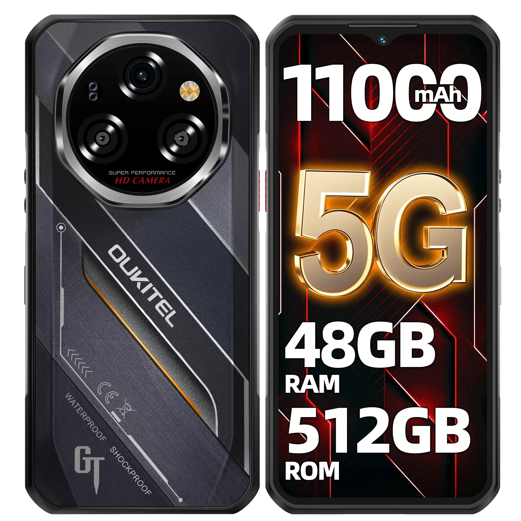 OUKITEL WP62 Rugged Phone 5G Unlocked, 48(16+32) GB+512GB/2TB, 11000mAh, 108MP Camera Rugged Smartphone, 6.6" FHD+Display Android 15, IP68/IP69K Waterproof Cell Phone, NFC/OTG/GPS/5G Dual SIM Phone